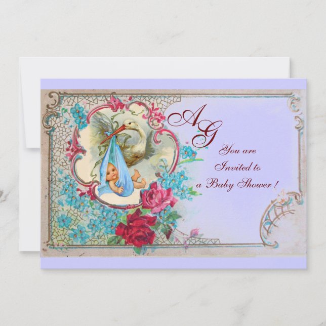 STORK BABY BOY DUSCHE MIT ROSE UND BLAUEN BLUMEN EINLADUNG (Vorderseite)