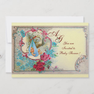 STORK BABY BOY DUSCHE MIT ROSE UND BLAUEN BLUMEN EINLADUNG