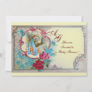 STORK BABY BOY DUSCHE MIT ROSE UND BLAUEN BLUMEN EINLADUNG