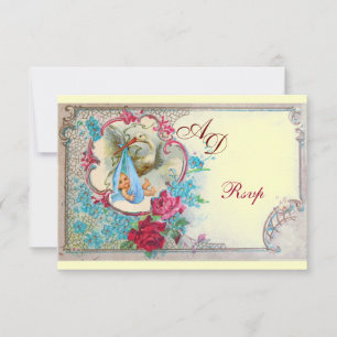 STORK BABY BOY DUSCHE MIT ROSE UND BLAUEN BLUMEN EINLADUNG