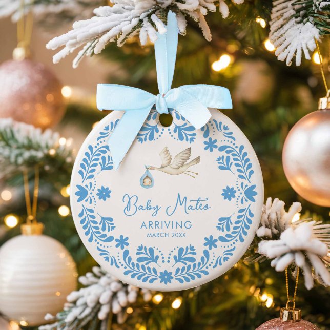 Stork Baby Boy Geburtserklärung Weihnachten Keramik Ornament (Blue Papel Picado Boy Pregnancy Announcement Ornament)
