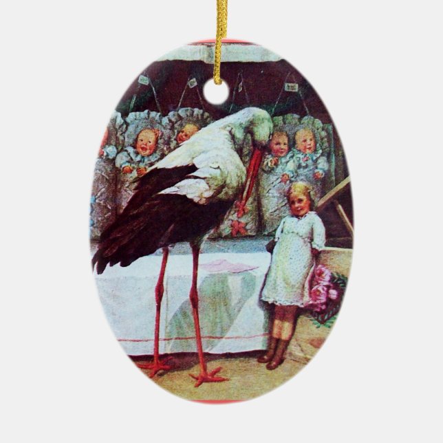 STORK BABY BOY SHOWER 3 MONOGRAM Red Ruby Keramikornament (Vorne)