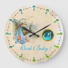 STORK BABY BOY SHOWER BLAUE GEMSTONE MONOGRAM GROßE WANDUHR