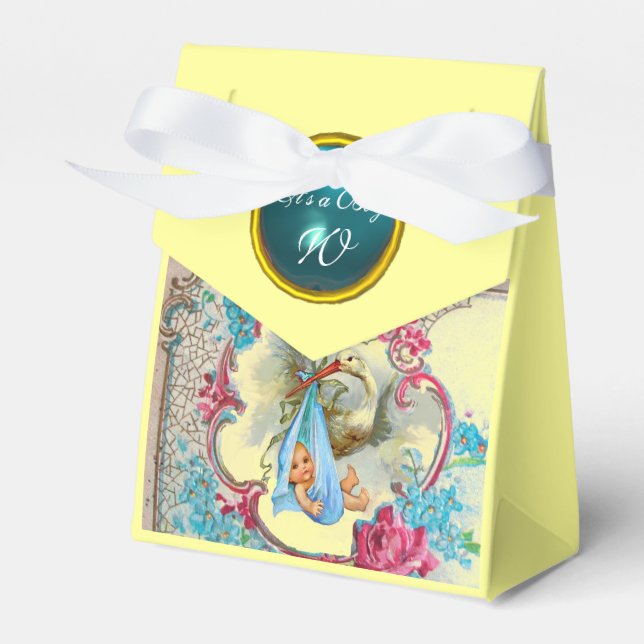 STORK BABY BOY SHOWER BLUE GEM MONOGRAM Yellow Geschenkschachtel (Vorderseite)