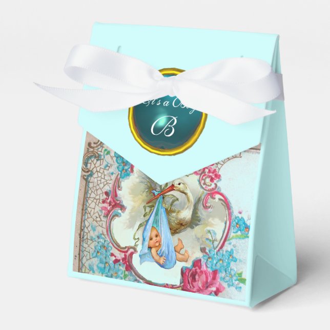 STORK BABY BOY SHOWER BLUE GEM STONE MONOGRAM GESCHENKSCHACHTEL (Vorderseite)