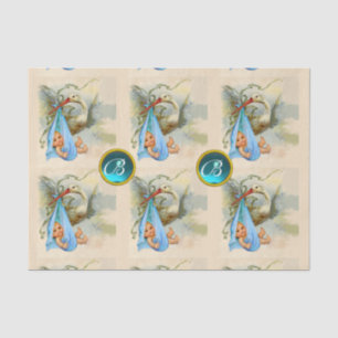 STORK BABY BOY SHOWER BLUE GEM STONE MONOGRAM SEIDENPAPIER