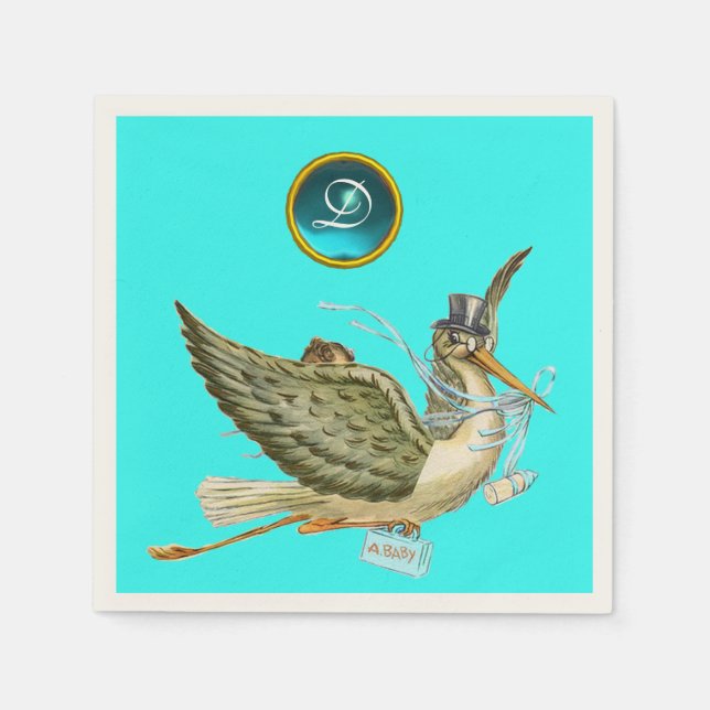 STORK BABY BOY SHOWER BLUE GEM STONE MONOGRAM SERVIETTE (Vorderseite)