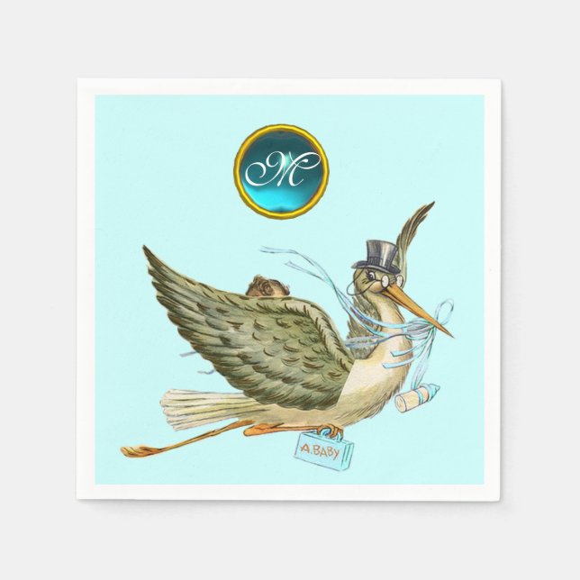 STORK BABY BOY SHOWER BLUE GEM STONE MONOGRAM SERVIETTE (Vorderseite)