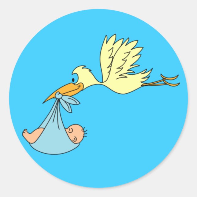 Stork Baby Boy Shower Blue oder Geburtsankündigung Runder Aufkleber (Vorderseite)