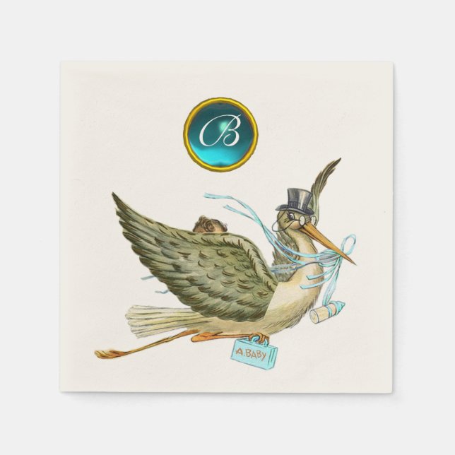 STORK BABY BOY SHOWER BLUR GEM STONE MONOGRAM SERVIETTE (Vorderseite)
