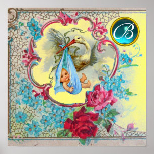 STORK BABY BOY SHOWER Gem Stone Monogram Yellow Poster