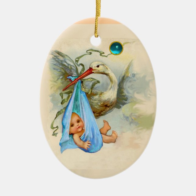 STORK BABY BOY SHOWER MONOGRAM BLUE SAPPHIRE KERAMIK ORNAMENT (Vorne)