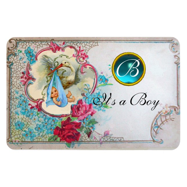 STORK BABY BOY SHOWER MONOGRAM, weiß Magnet (Horizontal)