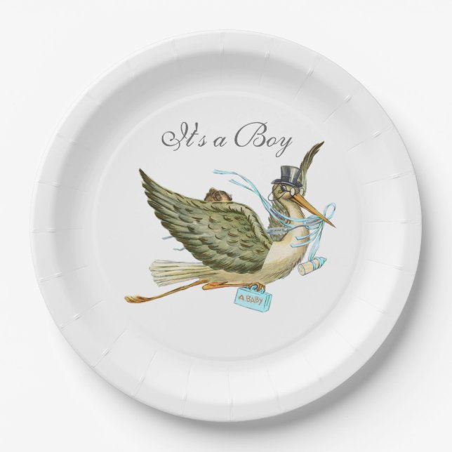 STORK BABY BOY SHOWER White Pappteller (Vorderseite)