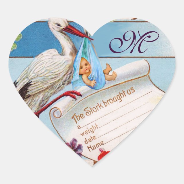STORK BABY BOY SHOWHERZ MONOGRAM Herz-Aufkleber (Vorderseite)