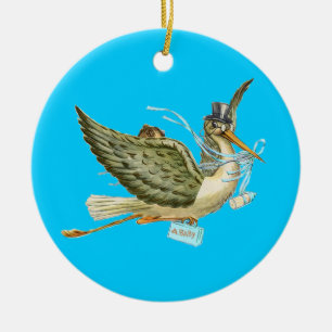 STORK BABY BOY SHOWM MONOGRAM Blue Aquamarine Keramik Ornament