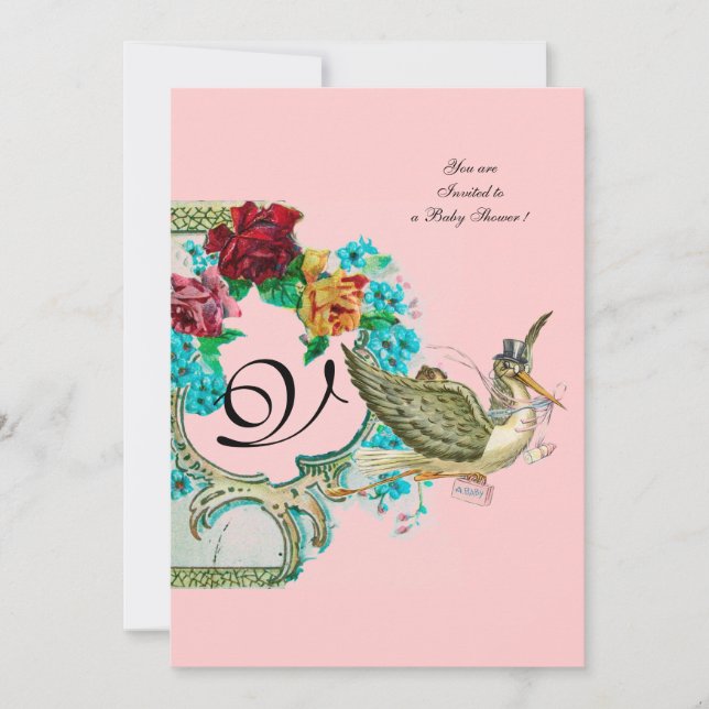 STORK BABY DUSCHE 3 MONOGRAMM EINLADUNG (Vorderseite)