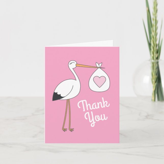 Stork Baby Dusche Pink Girl Niedlicher Cartoon Dankeskarte (Vorderseite)