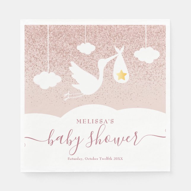 Stork Baby Dusche Rose Gold Star Glitzer Serviette (Vorderseite)
