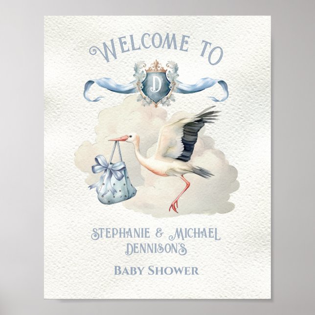 Stork Baby Dusche Wappen Ribbon Bows Begrüßungszei Poster (Vorne)