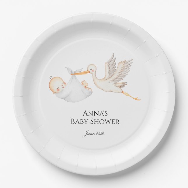 Stork Baby Duwer Gender Neutral Pappteller (Vorderseite)