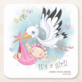 *~* Stork Baby Girl Birds Blume Babydusche Rechteckiger Pappuntersetzer