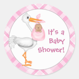 Stork & Baby Girl (dunklere Haut) Kinderdusche Runder Aufkleber