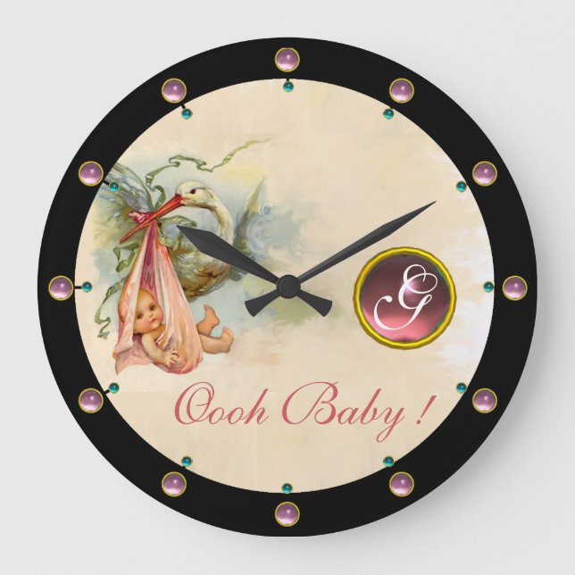 STORK BABY GIRL DUSCHE PINKGEM STONE MONOGRAM GROßE WANDUHR (Vorderseite)