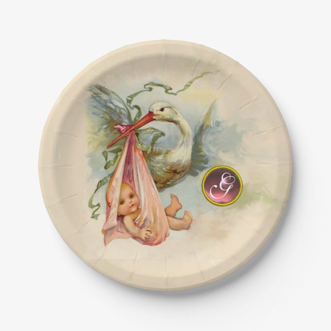 STORK BABY GIRL DUSCHE PINKGEM STONE MONOGRAM PAPPTELLER (Vorderseite)