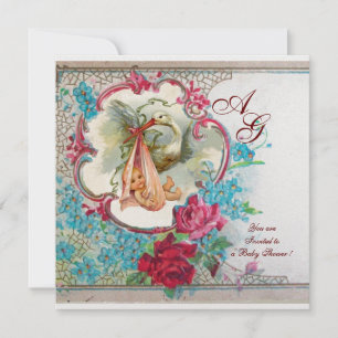 STORK BABY GIRL DUSCHPINK BLAUE FLORAL MONOGRAM EINLADUNG