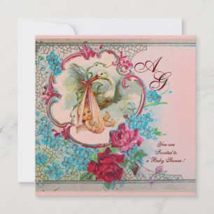 STORK BABY GIRL DUSCHPINK BLAUE FLORAL MONOGRAM EINLADUNG