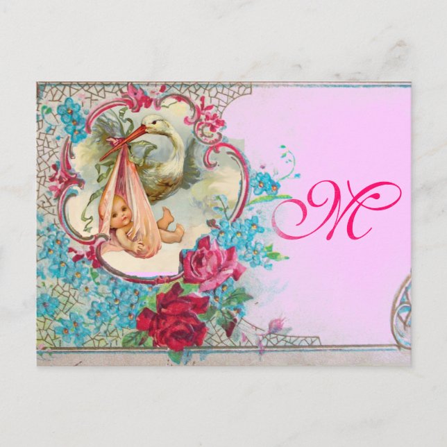 STORK BABY GIRL DUSCHPINK BLAUE FLORAL MONOGRAM EINLADUNGSPOSTKARTE (Vorderseite)