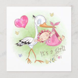 *~* Stork Baby Girl Heart Blume Babydusche Einladung
