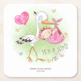 *~* Stork Baby Girl Herz Blume Kinderdusche Rechteckiger Pappuntersetzer