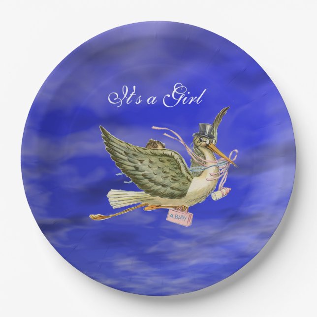 STORK BABY GIRL SHOWER Blue Sky Pappteller (Vorderseite)