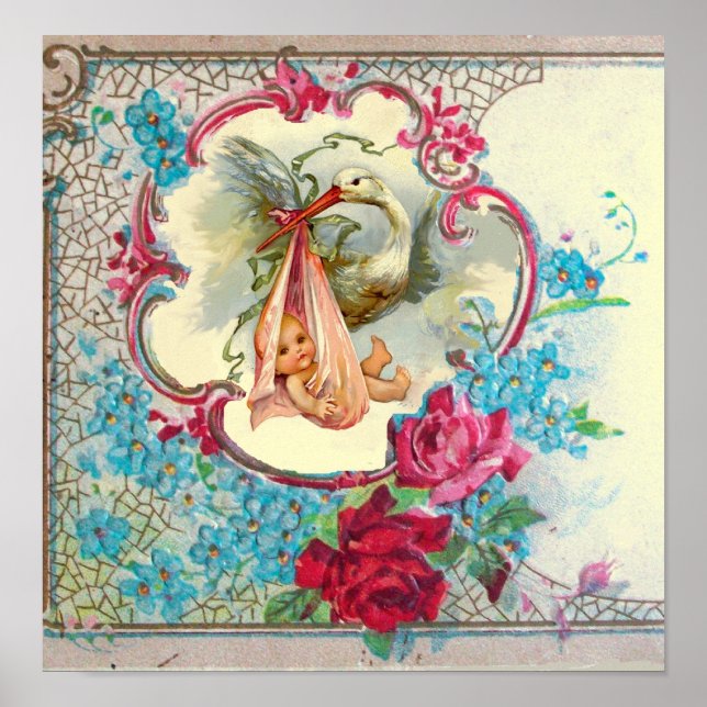 STORK BABY GIRL SHOWER Creme Poster (Vorne)