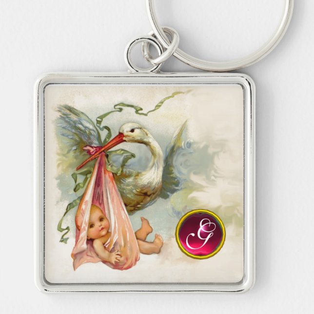 STORK BABY GIRL SHOWER GEM MONOGRAM SCHLÜSSELANHÄNGER (Vorne)
