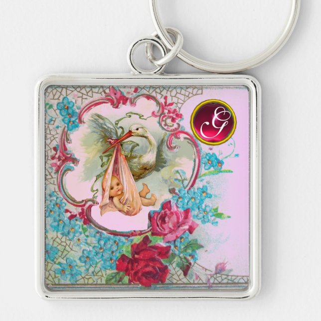 STORK BABY GIRL SHOWER GEM MONOGRAM SCHLÜSSELANHÄNGER (Vorne)