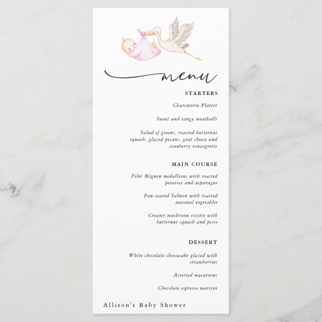 Stork Baby Girl Shower Menu Menükarte (Vorderseite)