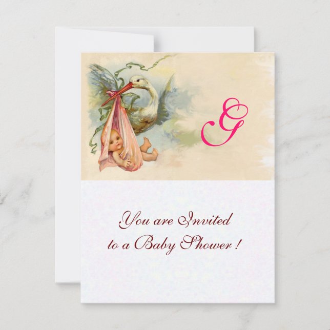 STORK BABY GIRL SHOWER MONOGRAM EINLADUNG (Vorderseite)
