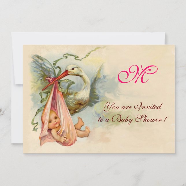 STORK BABY GIRL SHOWER MONOGRAM EINLADUNG (Vorderseite)
