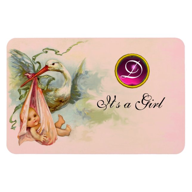 STORK BABY GIRL SHOWER MONOGRAM MAGNET (Horizontal)