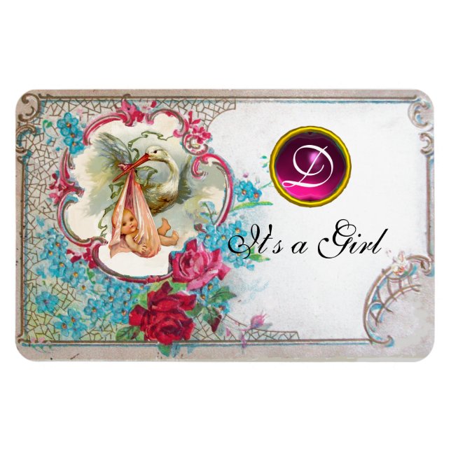 STORK BABY GIRL SHOWER MONOGRAM, weiß Magnet (Horizontal)