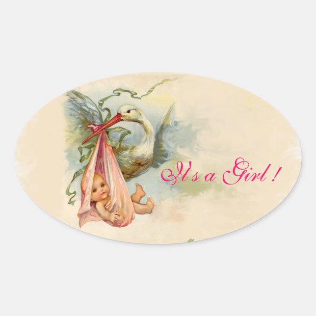STORK BABY GIRL SHOWER OVALER AUFKLEBER (Vorderseite)