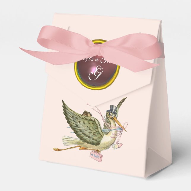 STORK BABY GIRL SHOWER PINK GEM STONE MONOGRAM GESCHENKSCHACHTEL (Vorderseite)