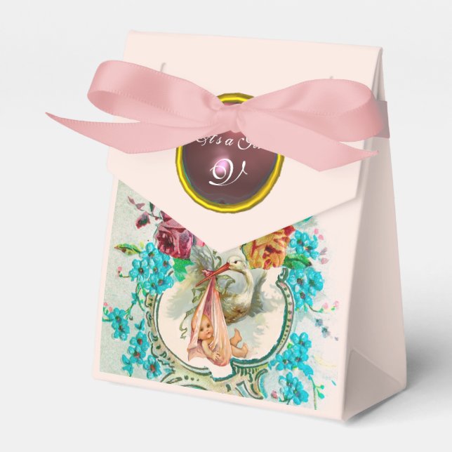 STORK BABY GIRL SHOWER PINK GEM STONE MONOGRAM GESCHENKSCHACHTEL (Vorderseite)