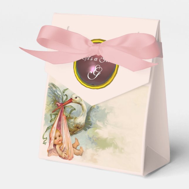 STORK BABY GIRL SHOWER PINK GEM STONE MONOGRAM GESCHENKSCHACHTEL (Vorderseite)