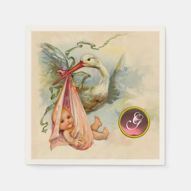 STORK BABY GIRL SHOWER PINK GEM STONE MONOGRAM SERVIETTE (Vorderseite)