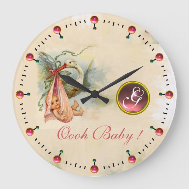 STORK BABY GIRL SHOWER PINKGEM STONE MONOGRAM GROßE WANDUHR (Vorderseite)