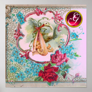 STORK BABY GIRL SHOWER Ruby Gem Stone Monogramm Poster